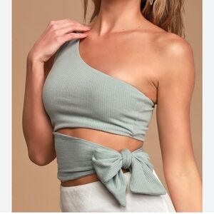 Lulus Soak Up the Sun Dusty Blue One-Shoulder Tie-Waist Crop Top